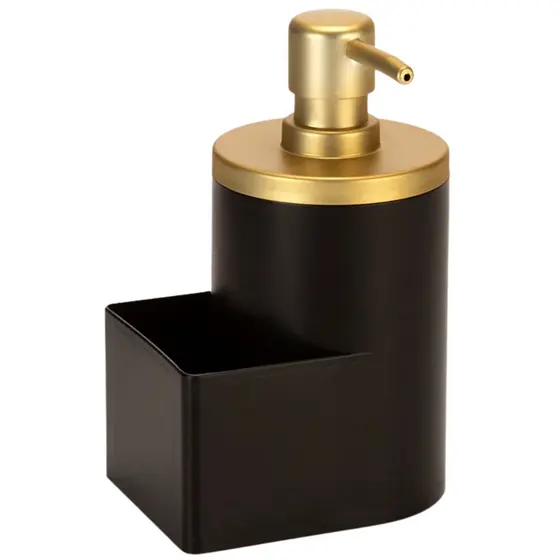 Dispenser Porta Detergente 600ml Preto Dourado Suporte Para Bucha Buchinha Esponja Pia Cozinha Arthi