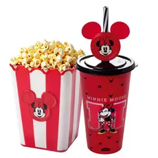Kit Pipoca Cinema Minnie Balde Pipoca + Copo Refrigerante Suco Água 500ml Vermelho Plasútil