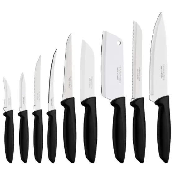 Kit Jogo de Facas Faqueiro Tramontina Plenus 9 Peças Sortidas Chef  Carnes Pão Frutas Aço Inox Preto