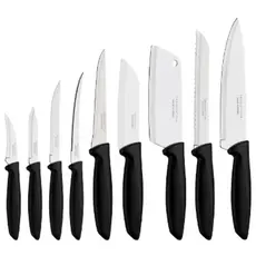 Kit Jogo de Facas Faqueiro Tramontina Plenus 9 Peças Sortidas Chef  Carnes Pão Frutas Aço Inox Preto