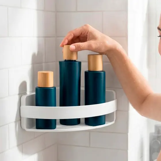 Prateleira Cantoneira 1 Andar Para Banheiro Lavabo Box Linha Suspensa Fita 3M Cor Branco Arthi