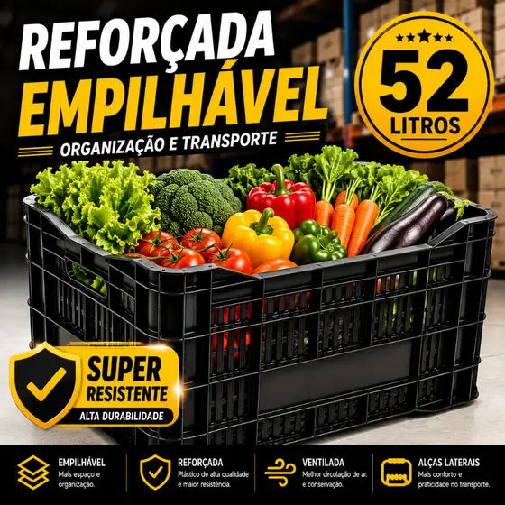 Caixa Agricola Hortifruti 52 L Vazada Empilhavel Reforçada Preto