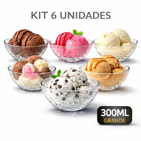 Kit Jogo 6 Tigelas Em Vidro 300ml Sobremesa Bowl Sorvete Doces Desenho Rosas Elegante
