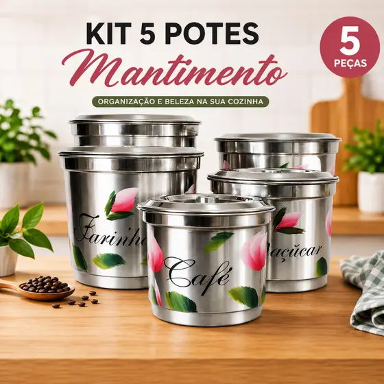 Jogo De Mantimentos 5 Peças Pote Alumínio Kit Lata Decorado Porta Alimentos Para Cozinha
