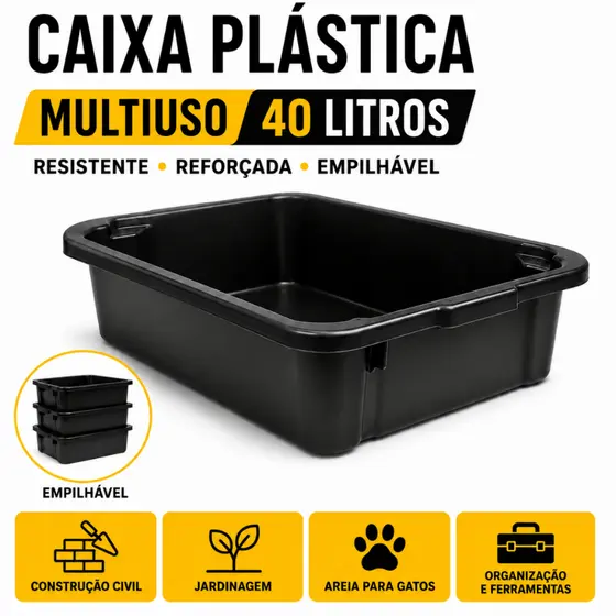 Caixa Plástica Para Massa 40L Reforçada Empilhável Obra Pedreiro Areia Concreto Gato