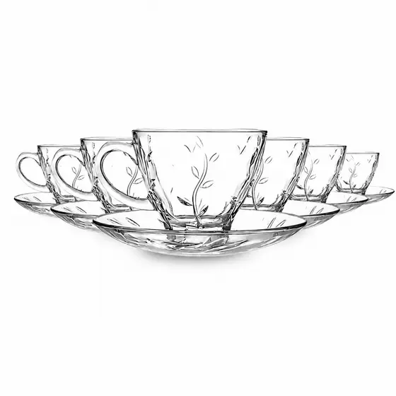 Jogo de Xícara com Pires 12 Peças Cafe e Cha Lily Transparente Vidro 220ml Decorada Luxo
