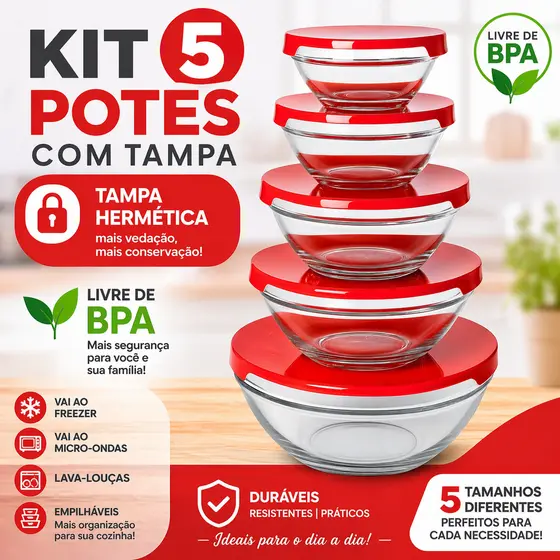 Conjunto 5 Potes de Vidro Com Tampa Hermético Redondo Tigela Marmita Organizador Multiuso