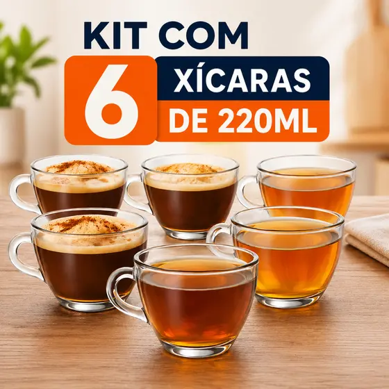 Jogo 6 Xícaras de Chá e Café em Vidro 220ml Caneca Grande Resistente Cozinha Mesa Posta