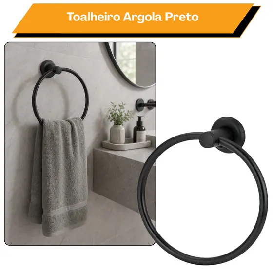 Porta Toalha de Rosto Argola Preto Fosco com dupla fixação para Banheiros e Lavatórios