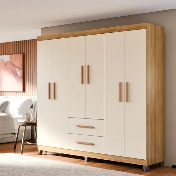 Guarda Roupa Casal Lite 6 Portas 2 Gavetas Cabideiro Prateleiras MDF Multiuso Para Quarto Infantil