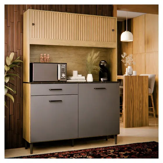 Armário Cozinha Com 4 Portas Gaveta E Balcão Completo Kit De Parede Compacto Com Nicho Suspenso Grazi Sala De Jantar