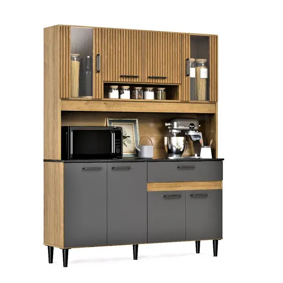 Armário de Cozinha Completa Coral 120cm Com Balcão de 8 Portas e Gaveta Compacta Com Detalhe em Vidro