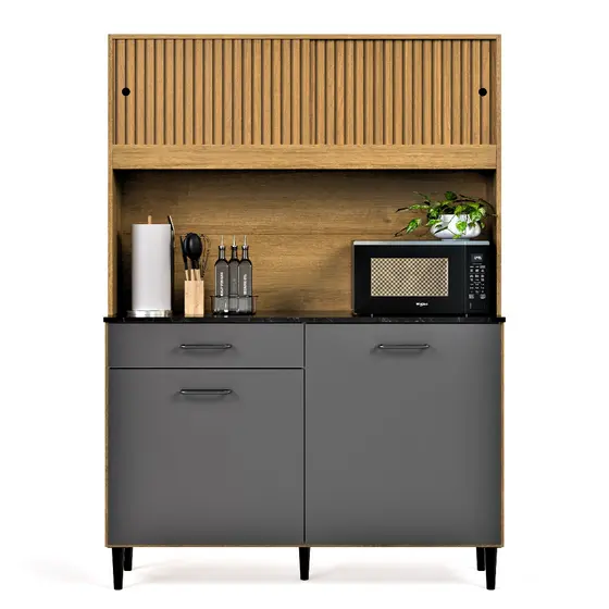 Armário de Cozinha Compacto Ripado 3D Com 4 Portas e Gaveta Kit De Parede Completo com Nicho Grazi
