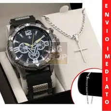 Relógio Masculino Digital Analogico Kit + Pulseira GOLD + Colar Cruz