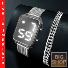 Relógio Prata KETER Masculino Digital + Pulseira Prata Folheado 925