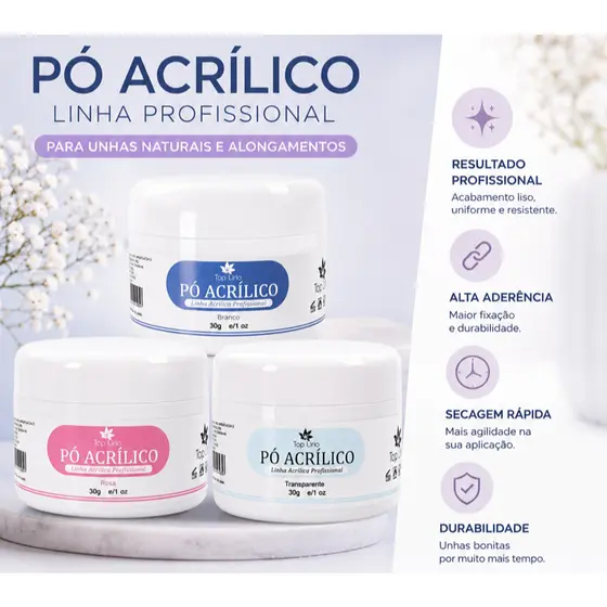 Pó Acrílico Top Lírio 30g Para Alongamento De Unhas Branco Rosa Transparente Profissional