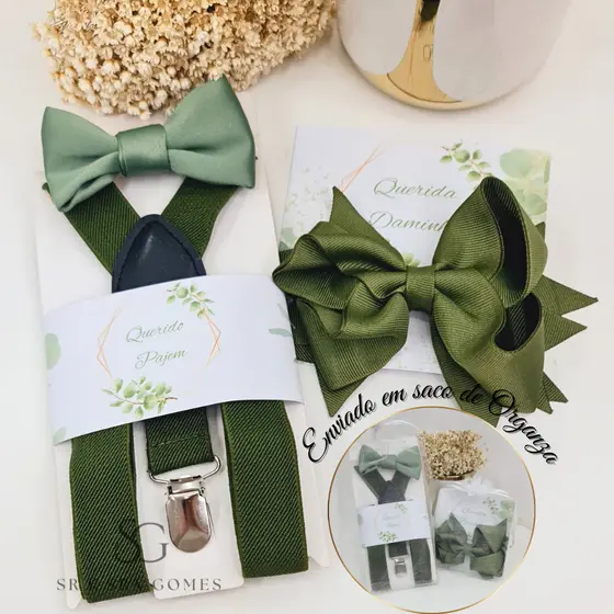 Kit Pajem ou Daminha Infantil com laço cabelo ou kit Suspensório e Tags enviados em saco de Organza
