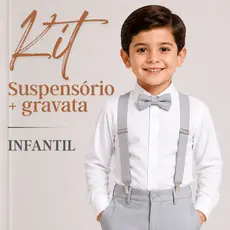 Kit Suspensório Cinza Claro + Gravata Borboleta Infantil
