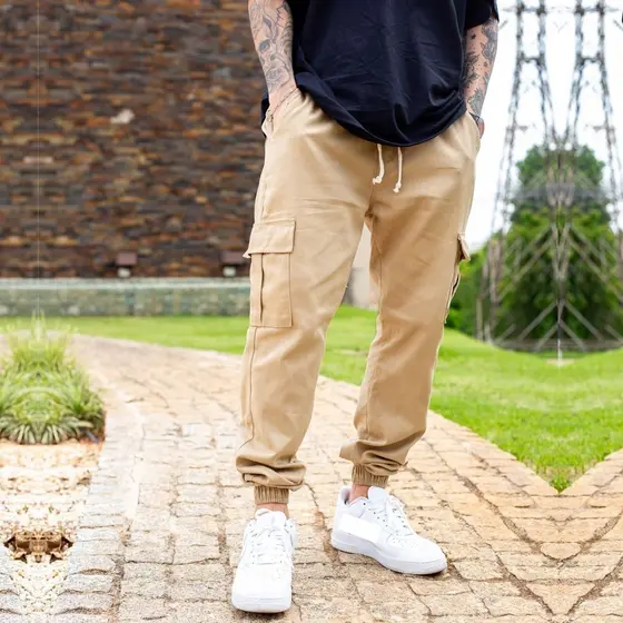 Calça Cargo Masculina Com Punho Bolso Lateral Elástico 6 bolsos