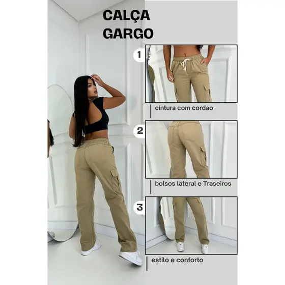 Calça Cargo Feminina Sarja Bolsos Lateral Larga Reta Cordão