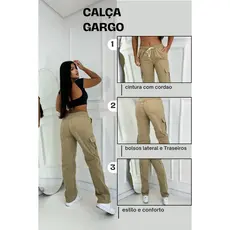 Calça Cargo Feminina Sarja Bolsos Lateral Larga Reta Cordão