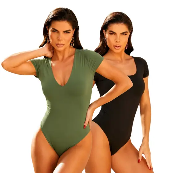 Body Feminino Cassia Kit 2 Peças em Poliamida Dupla Face Decote V e Redondo Moda Confortável | Livny