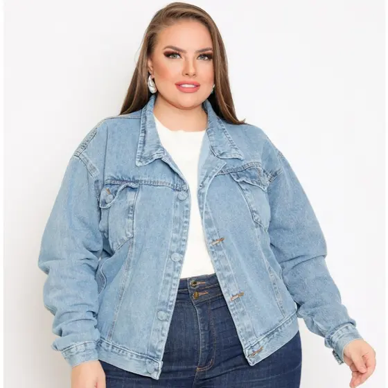 Jaqueta Jeans Feminina plus size Botão Encapado Tendência Da Moda Novo