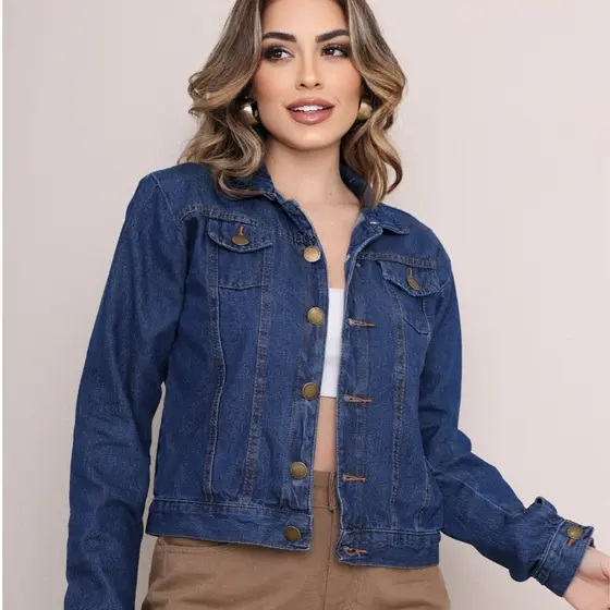 Jaquetinha Jeans Feminina Casaco Manga Escura SEM Elastano