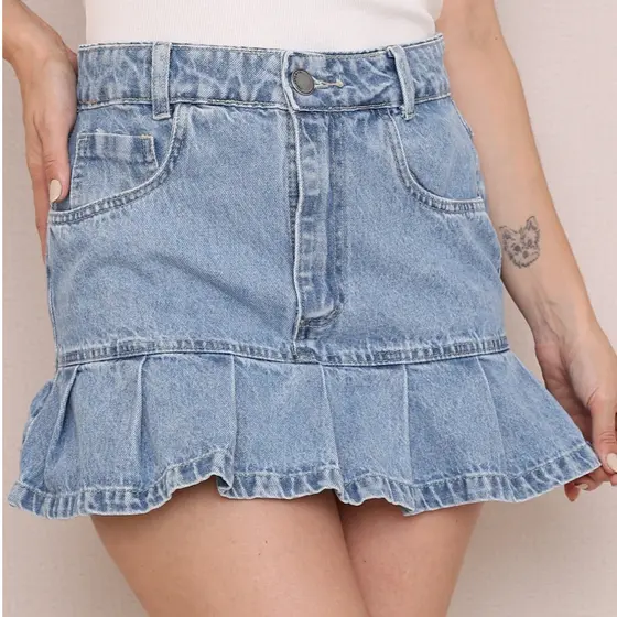 Mini Saia Jeans com Babado Cintura Alta Blogueira MARMORIZADO