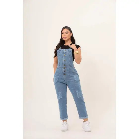 Macacão  feminina Calça Jeans Rasgado Jardineira  jeans Feminina Comprido lançamento