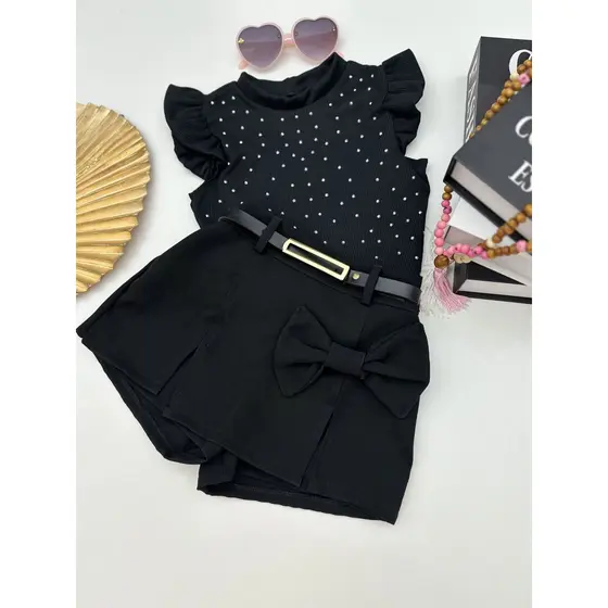 Conjunto Infantil menina blogueirinha, short saia alfaiataria blusa canelada pedraria strass moda infantil festa passeio