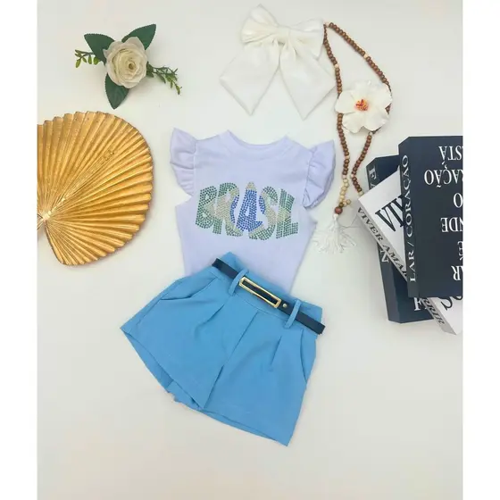 Conjunto Infantil Feminino Short Alfaiataria Liso Com Cinto + Blusa Seleção Brasileira Fashion Moda Blogueirinha