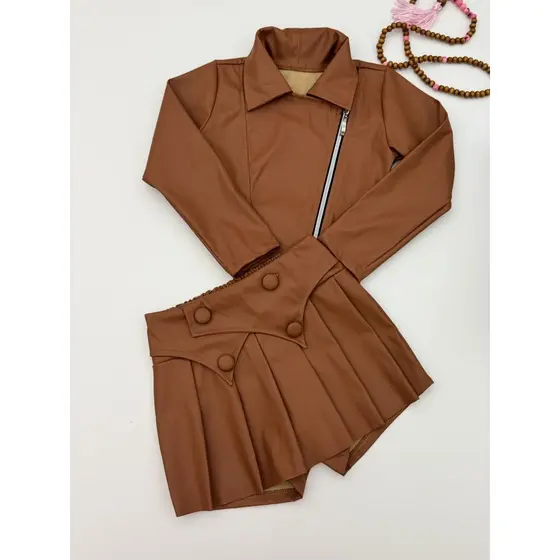 Conjunto Infantil Blogueirinha Jaqueta Com Ziper E Short Saia Courino Laço E Cinto Menina Outono Inverno Fashion