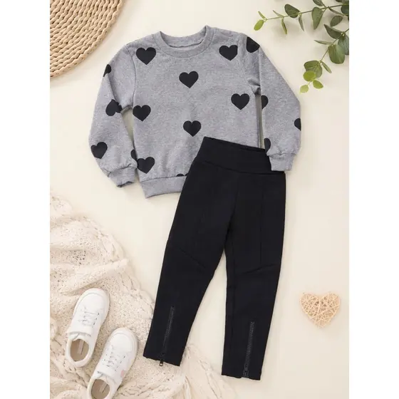Conjunto Infanti moda feminina Moletom Corações Calça Legging Montaria Inverno flanelada Moda Fashion Blogueirinha