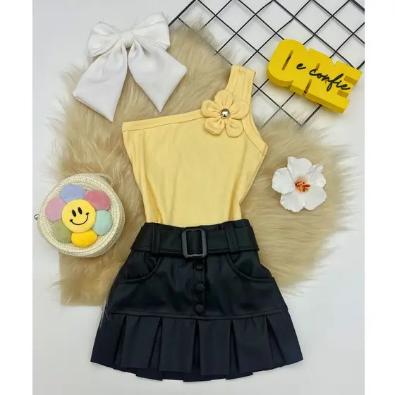 Conjunto Infantil Feminino Saia Courino Com Blusa Florzinha Delicada Estilo Moda Fashion Blogueirinha