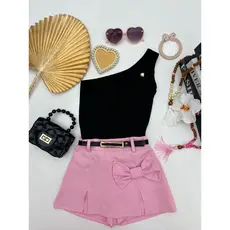 Conjunto moda  Infantil Menina Short Saia Alfaiataria Laço Único Cinto E Blusa Flor Delicada Moda Blogueirinha