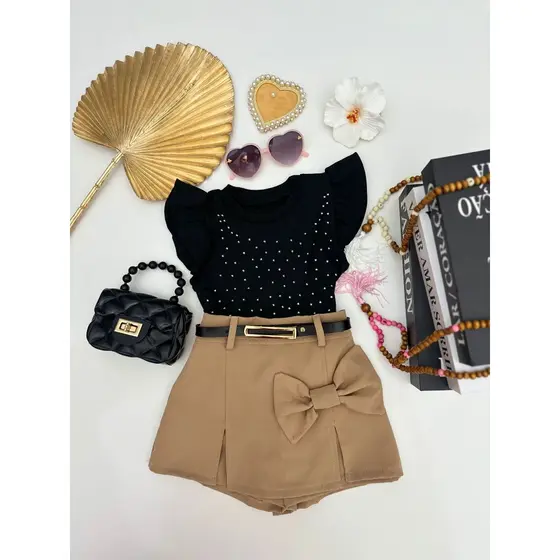 Conjunto Infantil Menina Short Saia Alfaiataria Laço Com Blusa princesa  Em Pedrarias Bilhosa Moda Blogueirinha