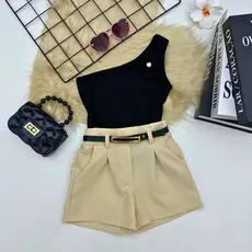 Conjunto Infantil Feminino Menina Blogueirinha Princesa Short Alfaiataria Liso com Cinto Blusa Flor Delicada Fashion