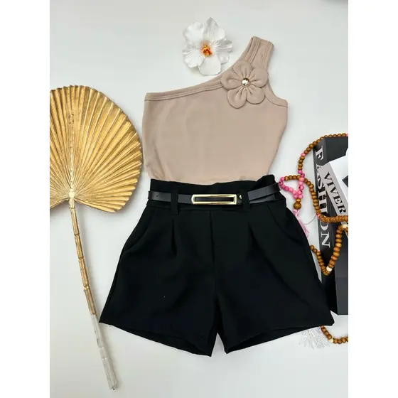 Conjunto Infantil de Luxo Feminino Blusa com Flor Delicada + Short Alfaiataria Liso Look Blogueirinha Elegante Menina 🌸