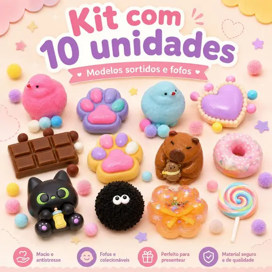 Kit 10 Squishy Anti Stress Macio Sortido Patinha Gato Ursinho Fofo Brinquedo Sensorial Fid Get Toy