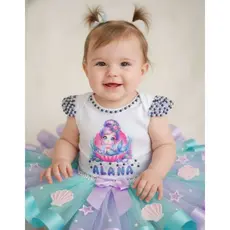 Conjunto Sereia Luxo Personalizado com Nome – Body e Saia Tule Infantil – Roupa Festa Aniversário Tema Fundo do Mar