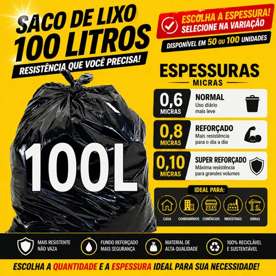 Saco de lixo 100 Litros reforçado / super reforçado preto 75x90cm