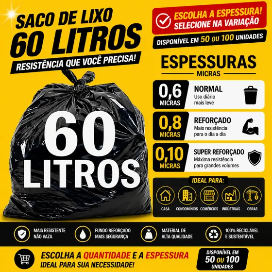 Saco de lixo 60 Litros preto reforçado resistente direto da fábrica
