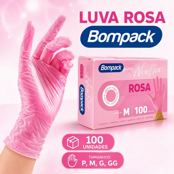 LUVA ROSA DESCARTÁVEL VINILFLEX SEM PÓ BOMPACK - C/100 unidades