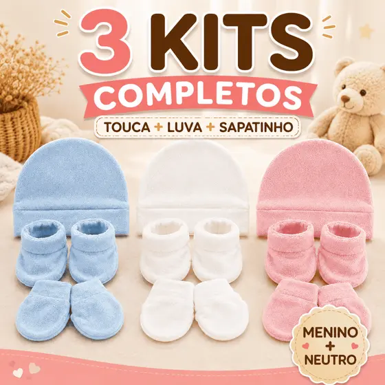 3 Kits Maternidade Bebê Touca Luva e Sapatinho Recém-Nascido Menino Menina