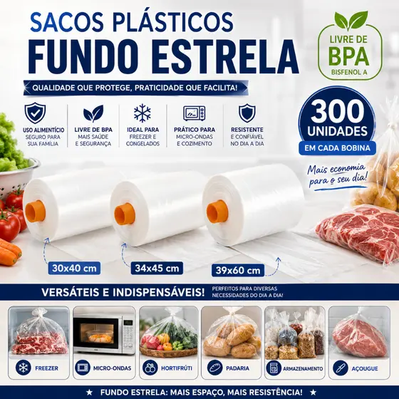 Bobina Fundo Estrela 300 Sacos plástico picotado – 30x40 / 34x45 / 39x60 – Uso Alimentício livre BPA
