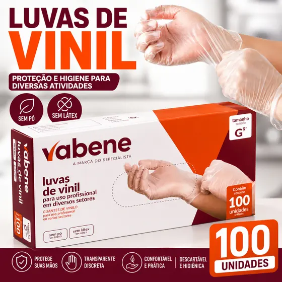 Luva de Vinil Transparente Vabene Sem Pó Sem Látex Caixa com 100 Unidades Uso Profissional
