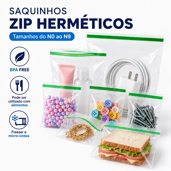 Sacos plásticos ZIP freezer saquinhos alimentos herméticos BPA Free lacre joias viagem