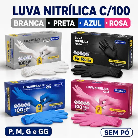 Luvas descartáveis Preta / Rosa / Azul /Branca Nitrílicas sem pó resistente antialérgica P, M, G, GG