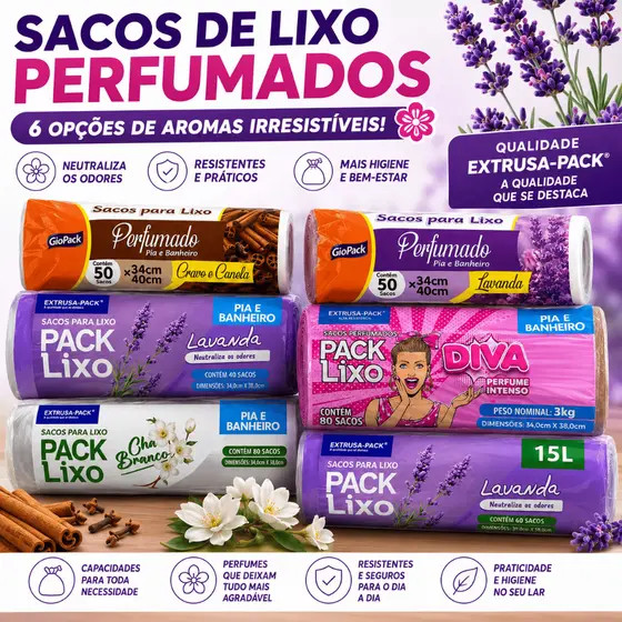 Sacos de Lixo Perfumados para Pia e Banheiro ou 15 Litros lavanda / cravo e canela / chá branco / diva